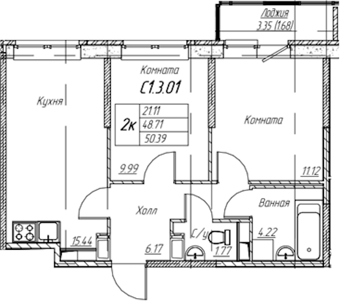 2-комнатная квартира 50.39 м², 3/22 эт., ЖК «Парк-квартал Юнтолово»